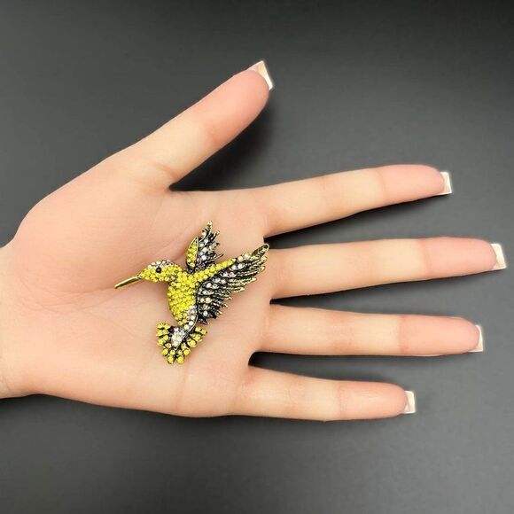 Yellow Gold with Yellow Citrine and White AB Crystal Hummingbird Pin Back Brooch - Picture 7 of 7